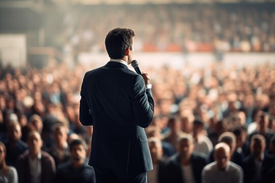 Business coach speaking on stage in front of a full audience