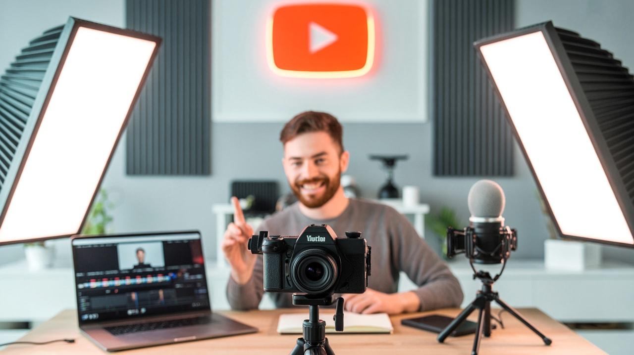 Content creator recording a YouTube video in his studio